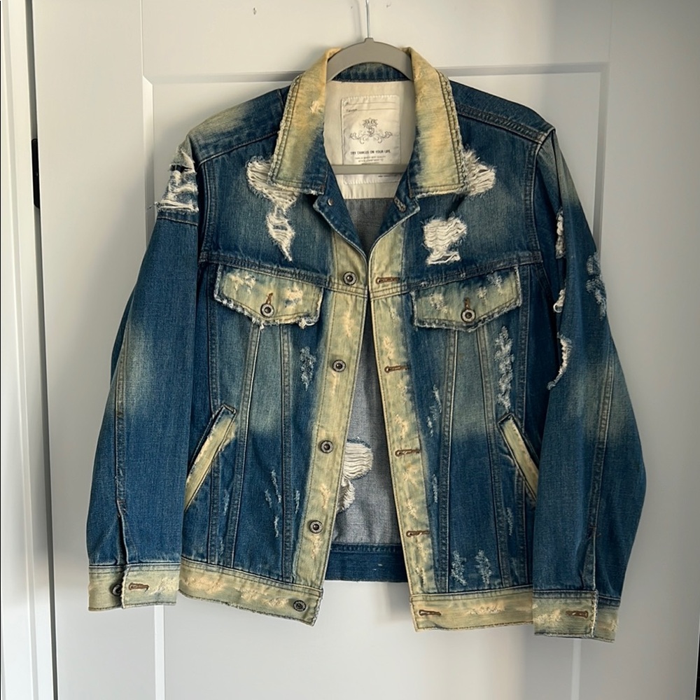 Tankus Distressed Denim Jacket with Tan Accents
